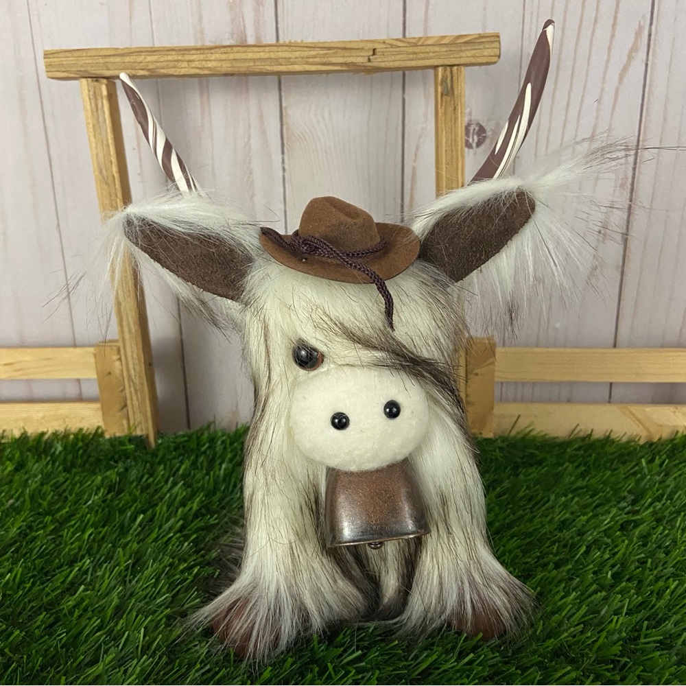 Highland Cow Coo Gnome Brown White Cowboy Hat Bell Handmade Farmhouse Home Decor